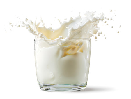 Milk splash in glass isolated on white background with clipping path.の写真素材