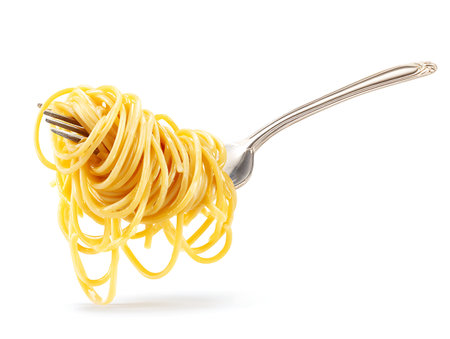 Spaghetti on a fork isolated on white background. Clipping Pathの写真素材