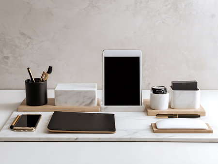 Modern workspace with tablet, stationery and coffee cuple table. Mock upの写真素材