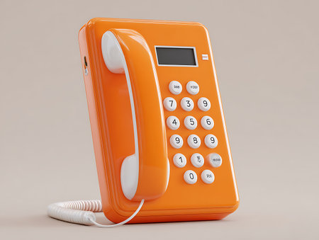 Modern orange telephone on a gray background. 3d rendering. High resolution image.の写真素材