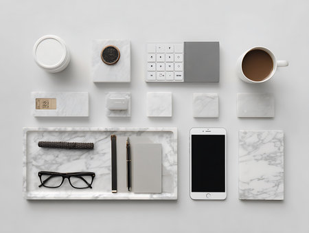 Flat lay composition with office accessories on white background. Top viewの写真素材