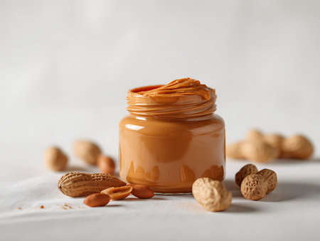 Peanut butter in a glass jar with peanuts on a white backgroundの写真素材
