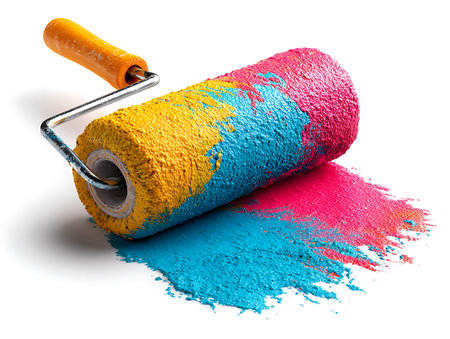 Paint roller with colorful paint isolated on white background. Close up.の写真素材