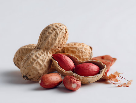 Peanuts in shells on a white background, close-up.の写真素材