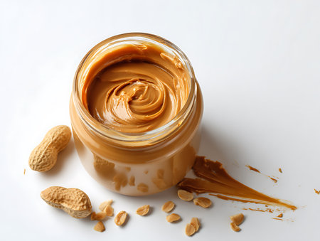 Peanut butter in a glass jar on a white background, top viewの写真素材