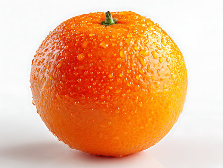 Ripe orange with water drops on a white background, close-upの写真素材