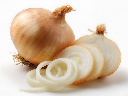 Sliced onion on a white background, close-up.の写真素材