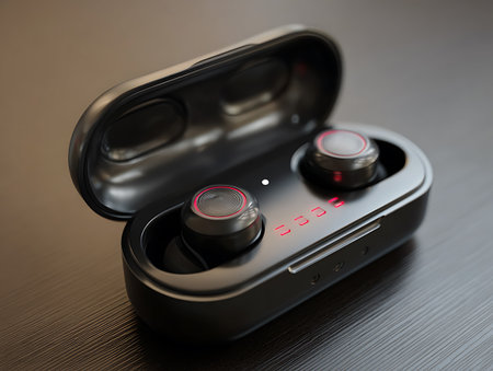 Close up of a black wireless headphones on a wooden table. Shallow depth of fieldの写真素材