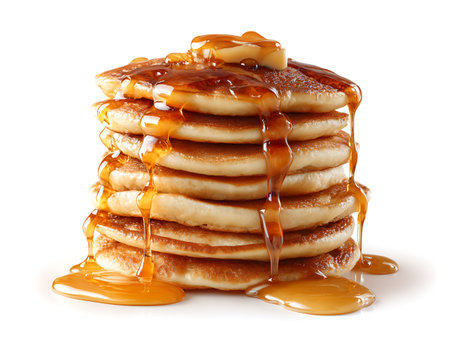 Pancakes with caramel isolated on white background. Clipping pathの写真素材