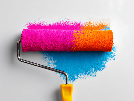 Paint roller with colorful paint on grey background, top view. Space for textの写真素材