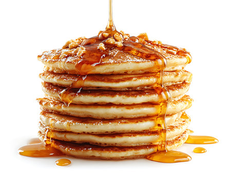 Pancakes with maple syrup isolated on white background with clipping pathの写真素材