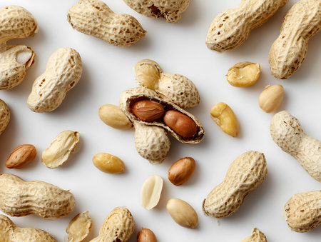 Peanuts on a white background. Top view, flat lay.の写真素材