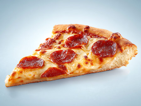 Pizza slice with pepperoni and mozzarella cheese on blue backgroundの写真素材