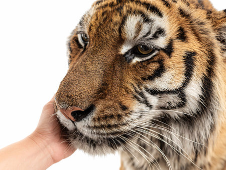 Close-up of tiger's head on human hand in front of white backgroundの写真素材