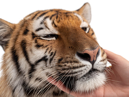 Close-up of tiger's mouth on human hand in front of white backgroundの写真素材