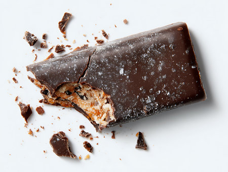 Chocolate bar with broken pieces on white background, top view.の写真素材