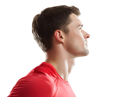 Profile view of a young man in red sportswear, isolated on whiteの写真素材