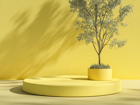 3d render of yellow podium for product presentation with tree in potの写真素材