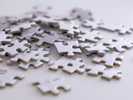 Jigsaw puzzle pieces on white background. Close-up image.の写真素材