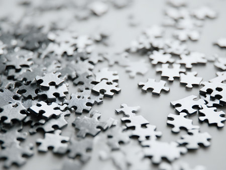 Pile of silver puzzle pieces on grey background, closeup viewの写真素材