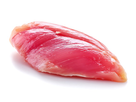 Raw fresh tuna fish fillet isolated on white background cutout.の写真素材