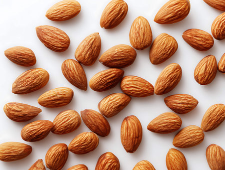 Almond nuts on white background. Top view. Flat lay.の写真素材