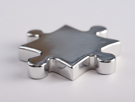 Metal puzzle pieces isolated on white background. Clipping path included.の写真素材
