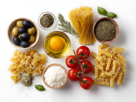 Different types of pasta and ingredients for cooking on white background, top viewの写真素材
