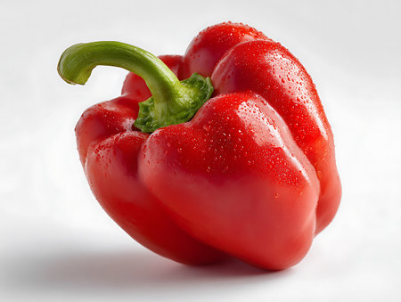 Red pepper with water drops on a white background, close-upの写真素材