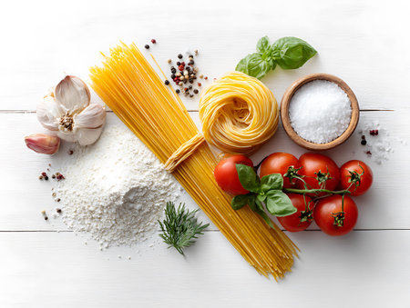 Spaghetti with ingredients for cooking on white wooden background, top viewの写真素材