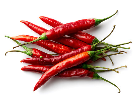 Red hot chili peppers isolated on white background. Top view. Flat lay.の写真素材
