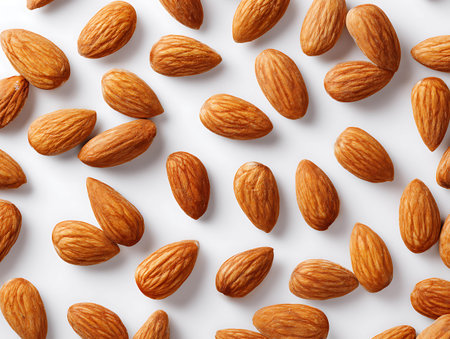 Almond nuts on white background. Top view. Flat lay patternの写真素材