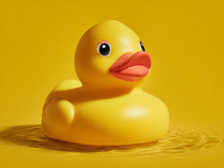 Yellow rubber duck on a yellow background with water drops. 3d renderingの写真素材