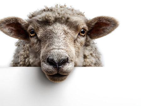 Sheep peeking from behind a banner, isolated on white backgroundの写真素材