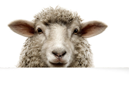 Sheep behind a white sheet of paper isolated on a white backgroundの写真素材