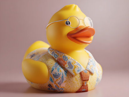 Cute yellow rubber duck with a colorful scarf on a pink backgroundの写真素材