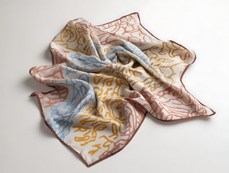 Crumpled colorful silk scarf on white background. Top view.の写真素材