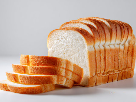 Sliced white bread on white background, close up view.の写真素材