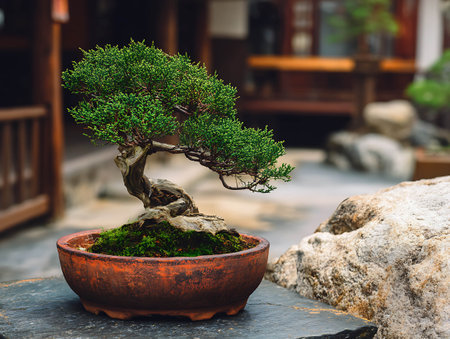 Bonsai tree in a ceramic pot on a stone table.の写真素材