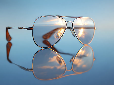 Sunglasses reflected on a reflective surface. Shallow depth of field.の写真素材