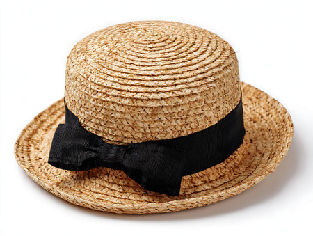Straw hat with black bow isolated on white background, clipping path includedの写真素材