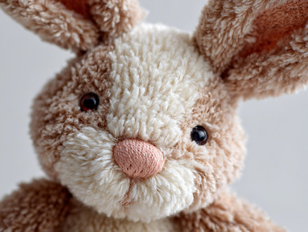 Cute soft toy rabbit on white background, close-up.の写真素材