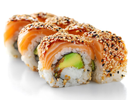 Sushi roll with salmon, avocado and sesame, isolated on whiteの写真素材