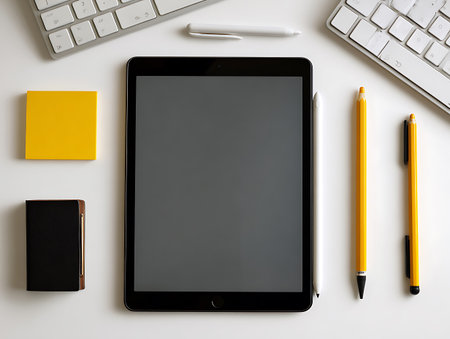 White office desk table with computer, supplies and tablet. Top view with copy space, flat lay.の写真素材