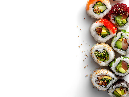 Sushi rolls with salmon, avocado, cucumber and wasabi on white backgroundの写真素材