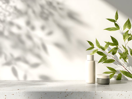 White cosmetic bottle containers mockup on white marble table. 3d renderingの写真素材