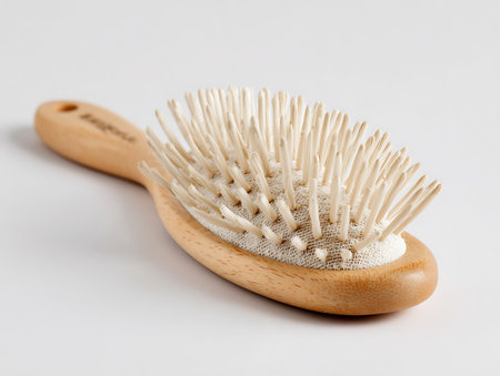 Wooden hair brush on a white background. Shallow depth of fieldの写真素材