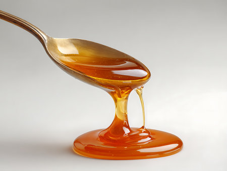 Honey dripping from a spoon isolated on white background. 3d illustrationの写真素材
