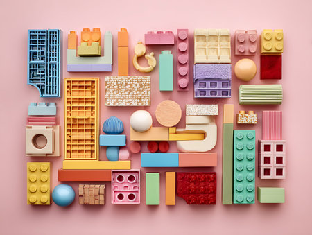 Plastic building blocks on pink background. Top view, flat layの写真素材