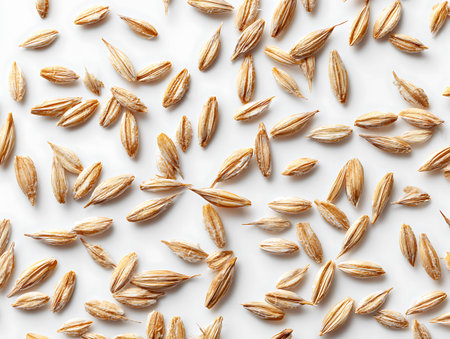 Oat grains on white background, top view. Oat grains patternの写真素材